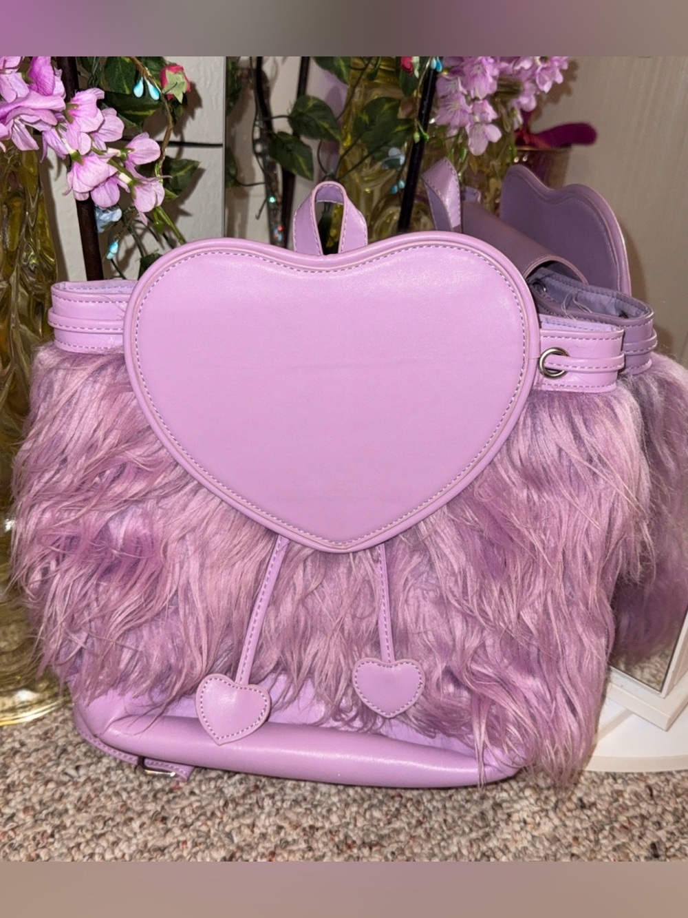 Sugar Thrillz Lavender Heart Faux-Fur Backpack